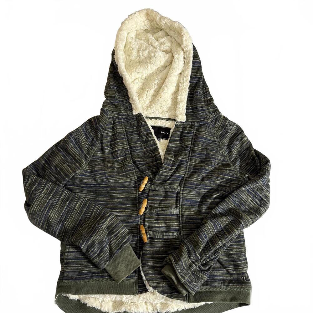 HURLEY Faux Fur Lined Toggle wooden Closure‎ Hoodie. Green/Blue Y2K SZ Small